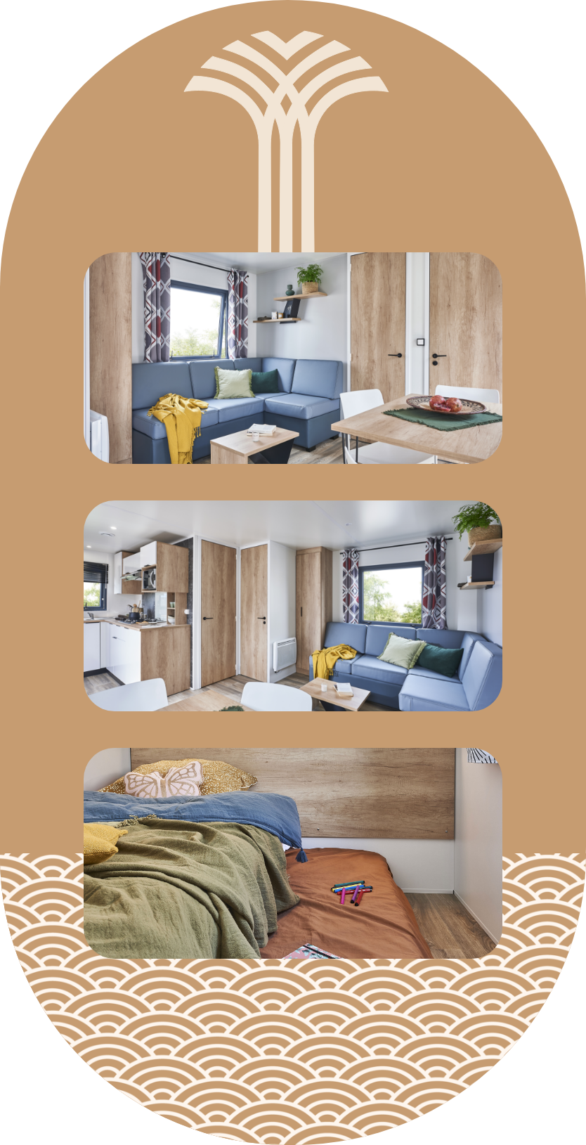 L’intérieur du Lodge 4-5 personnes : espace cuisine, 1 chambre avec 1 lit double, 1 chambre avec 2 lits simples. Location mobil-home en Camargue.